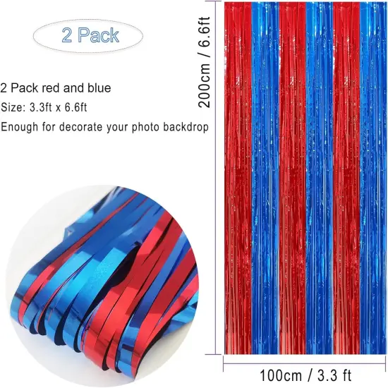 2 Pack Red and Blue Foil Fringe Curtains Photo Booth Prop Tinsel Streamer Backdrops Birthday Party Supplies Bachelorette Bridal Wedding Baby Shower Graduation Party Decorations, 3.3 x 6.6 ft {3}