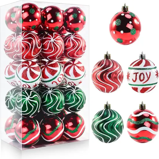 30 PCS Christmas Balls Ornaments, 2.36'' Red Green White Christmas Balls, Shatterproof Xmas Balls Decoration for Christmas Tree, Painting & Glittering Christmas Hanging Ball for Party Event {1}