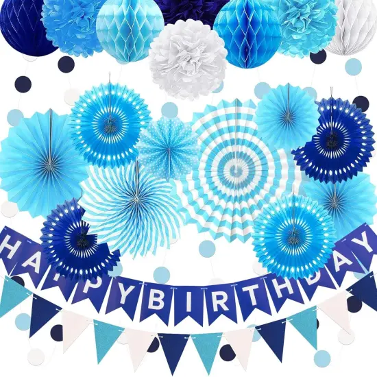Navy Blue Birthday Party Decoration, 24Pcs Hanging Paper Fans, Pom Poms Flowers, Garland String Polka Dot, Happy birthday Banner and Triangle Bunting Flag Packs for Birthday Parties,and Baby Shower {1}