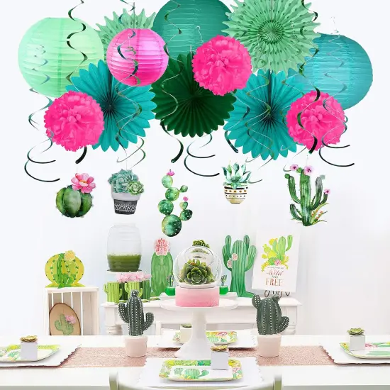 Summer Party Decoration Llama Party Hanging Cactus Swirls Paper Lanterns for Hawaiian Luau Tropical Party Plant Birthday Party Decorations {3}
