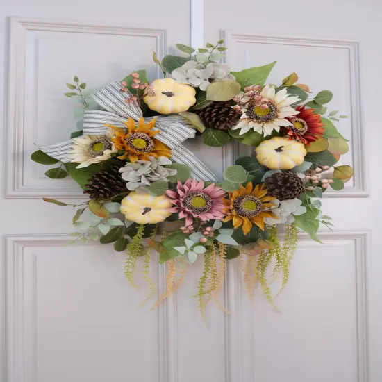 Fall Pumpkin Sunflower Pinecone Wreath - 24 Inch {4}