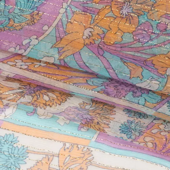 1 Yard Orchid Creamsicle Blue Floral Patchwork Metallic Pinstripe Silk Chiffon, 55 Inches Wide {3}