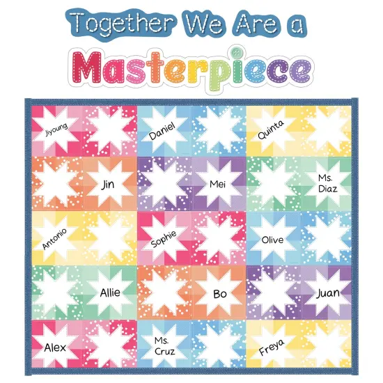 Carson Dellosa Crafty and Cool 54-Piece Together We Are a Masterpiece Motivational Bulletin Board Set, Colorful Quilt Squares and Denim Strips Classroom Decor {1}