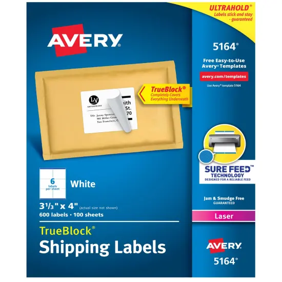 Avery Printable Shipping Labels with Sure Feed, 3-1/3" x 4", White, 600 Blank Mailing Labels for Laser Printers (5164) {1}