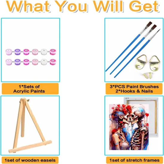 Skull Framed Paint by Numbers Kit with Wooden Easel for Adults Beginners Skeleton Acrylic Easy Paint by Number Paint by Number Kits on Canvas with Nice Gift Box 12x16in {5}