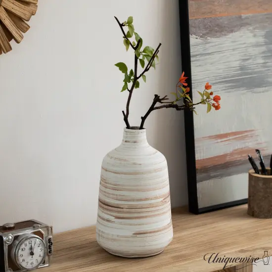 Uniquewise 11" Whitewashed Bottle-neck Decorative Pottery Flower Vase Boho Home Decor for Living Room Bedroom Kitchen Entryway & Office Rustic Centerpiece for Pampas Grass Bouquets Stems Faux Florals {3}