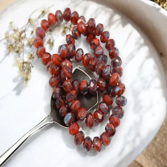 *25* 6x9mm Blended Burnt Orange + Denim Blue Fire Polished Rondelle Beads {2}