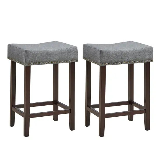Costway Set of 2 Nailhead Saddle Bar Stools 24'' Height w/ Fabric Seat & Wood Legs BeigeGray {1}