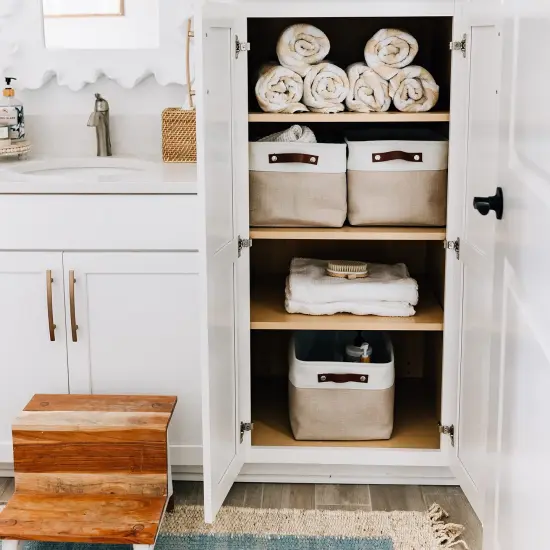 Large Fabric Storage Baskets for Shelves 3 Pack, 15x11in Closet Storage Bins for Shelves, Cloth Baskets for Organizing, Linen Closet Organizers, Fabric Basket, Beige/White {6}