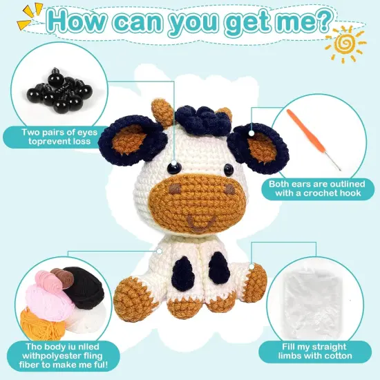 PCS Animal Crochet Kit for Beginners, DIY Couple Cow Beginners Crochet Kit, Christmas Highland Cow Starters Crochet Kit {2}
