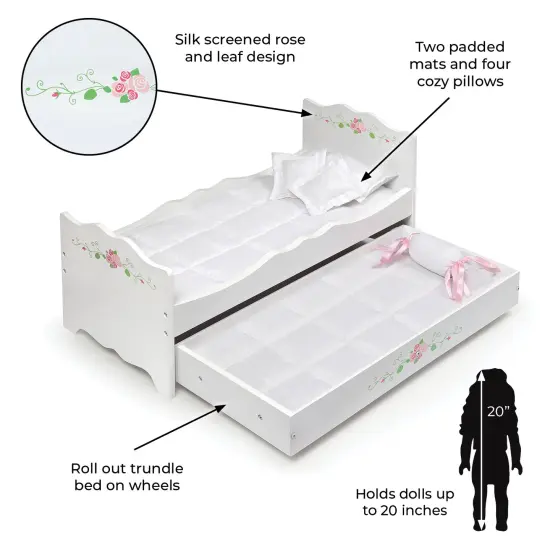 Badger Basket Doll Bed with Trundle and Bedding - White Rose {3}