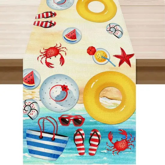 Summer Beach Swim Ring Flip Flops Seaside Themed Table Runner 13x72 {1}