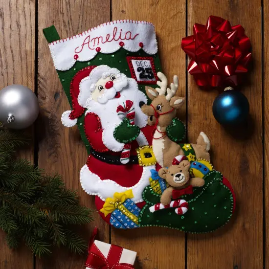 Bucilla Felt Stocking Applique Kit 18" Long-Santa And Friends {2}