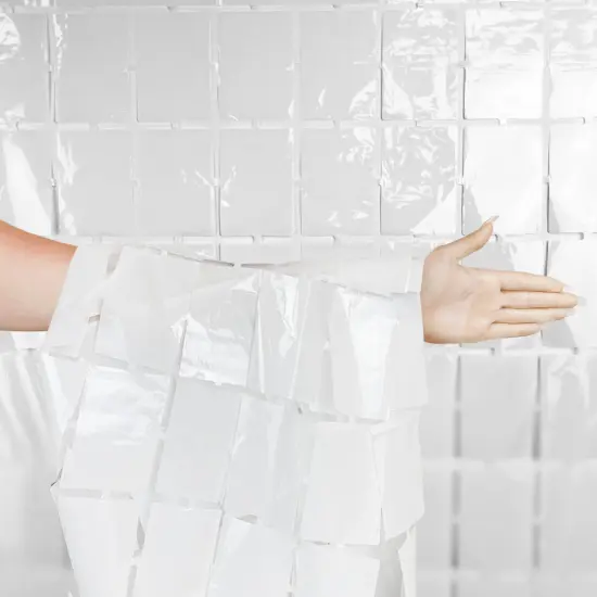 3Ft X 6.5Ft Foil Squares Curtain White Party Backdrop Event Decoration {1}