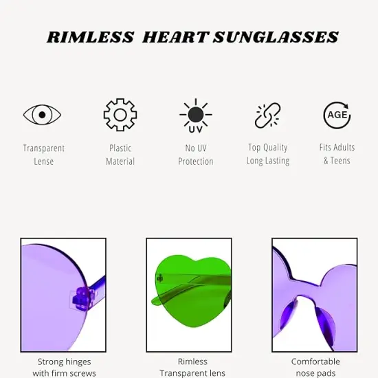 4E's Novelty 2 Pack Heart Shaped Sunglasses for Women - Cute Green & Purple Heart Sunglasses for Parties, Festival & Valentines {4}