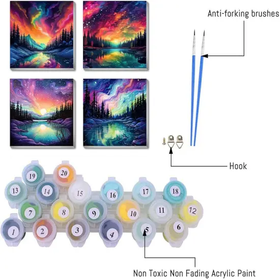 4 Pack Landscape Paint by Number for Adults Framed Canvas, DIY Aurora Arts and Crafts for Adults Beginner with Paint Brushes, Acrylic Paint Set for Home Wall Decor, 8 * 8 Inch {3}