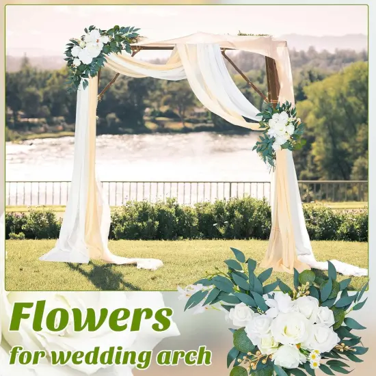 4 Pcs Wedding Arch Flowers and Drape Kit Include 2 Artificial Floral Swag and 2 White Chiffon Drapes {3}