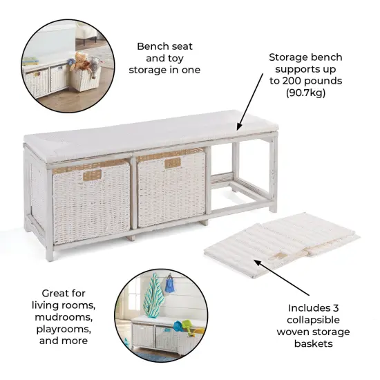 Badger Basket Kid's Storage Bench with Woven Top and Baskets - White {3}