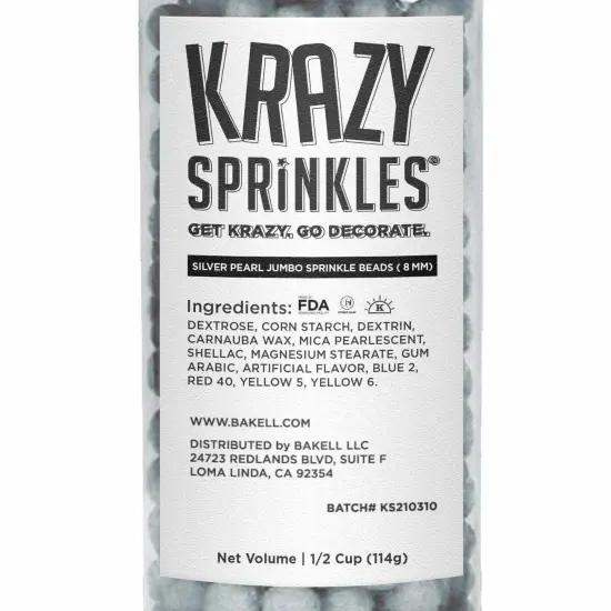 Krazy Sprinkles - Silver Pearl 8mm Beads (1/2 Cup, 1x Jar) for Cakes, Ice Cream & Cookies {5}