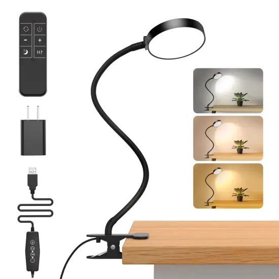 Reading Light with Remote, LED Desk Lamp Clip on [1H Timer & Nightlight] RA>95 Dimmable Flexible Gooseneck, Reading Lamp with Clamp for Table - 3.5'' (Adapter Included) {1}