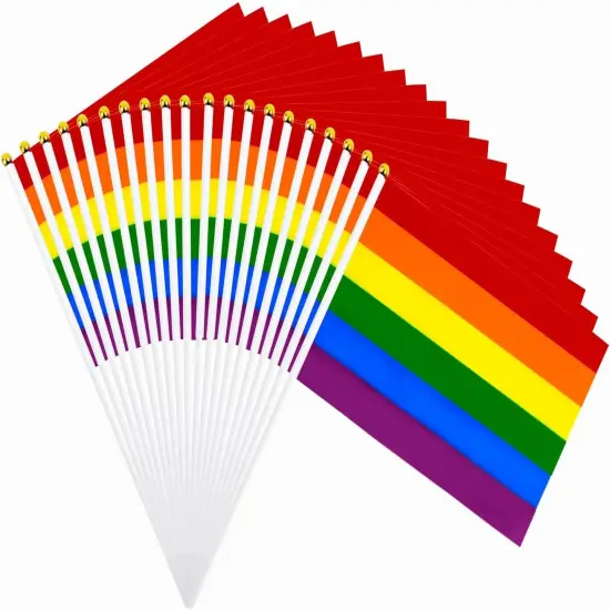 Progress Rainbow Pride Stick Flag - 50 Pack Small Mini USA American LGBTQ Hand Held Pride Gay Flag for Holidays Parades Rainbow Parties Donations or LGBT Community Events 8.2 x 5.7 inch {1}