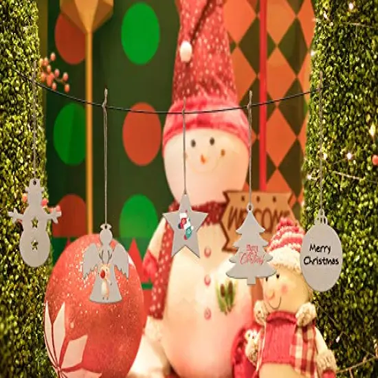 50 Pcs Unfinished Paintable Blank Wooden Christmas Festival Decoration Ornaments, Xmas Tree Hanging Wood Slices for Kids DIY Art Crafts, 5 Designs-Christmas Tree, Snowman, Stars, Angel, Round {2}
