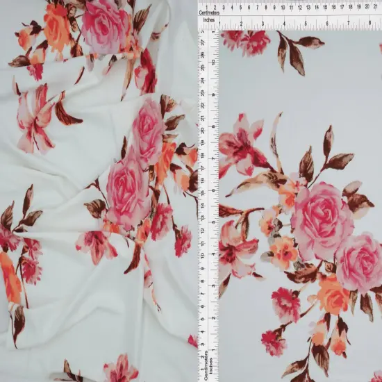 Soft DTY Brushed Floral Print Fabric, Stretch Flower 58/60" Wide IVORY ROSE {4}