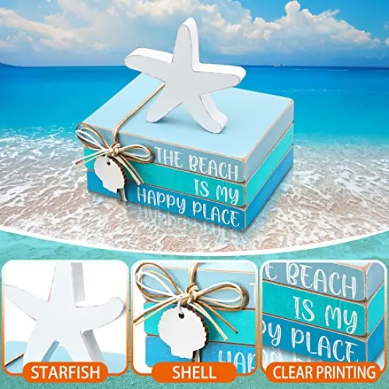 4 Pcs Starfish Shell Beach Tiered Tray Beach Blue Wooden Book Decor Wood Stacked Book Table Centerpiece for Summer Rustic Farmhouse Home Living Room Decorative(Starfish Shell) {5}