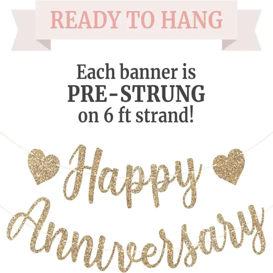 Pre-Strung Happy Anniversary Banner - Gold Glitter {3}