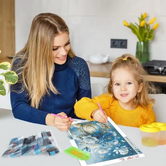 DIY 5D White and Blue Flowers Diamond Art Painting Kits, Full Round Drill Sparkling Diamond Painting Picture, Diamond Painting Art Craft Kits for Adults Beginners, Home Wall Decor 12x16inch {5}