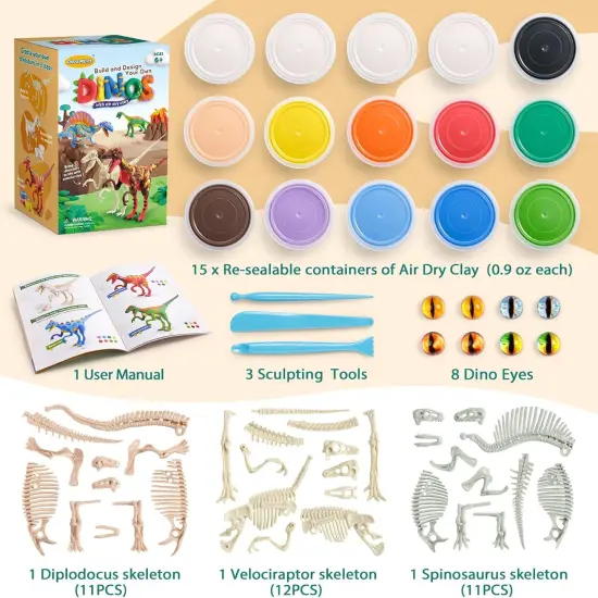 Air Dry Clay Dinosaur Craft Kit for Kids, Build and Design Your Own Dinosaurs with Modeling Clay, 3 Dinosaur Fossil Skeletons, Gifts for Boys and Girls Ages 6 & Up {2}