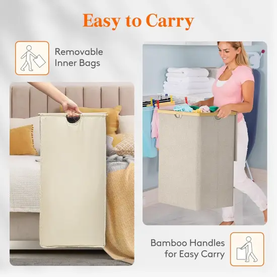 Double Laundry Hamper with Lid, Extra Large Bamboo Laundry Basket Dirty Clothes Hamper, 2 Section Laundry Bin Organizer for Laundry Room Bedroom {4}