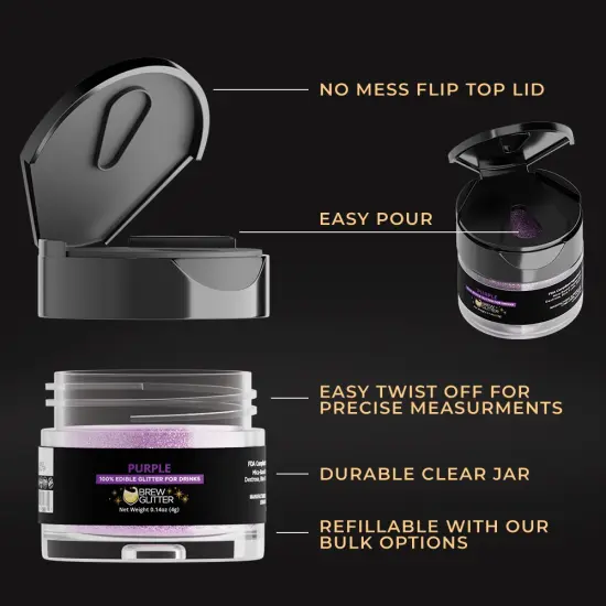Brew Glitter - Purple Edible Drink Glitter (4g, x1 Flip-Cap Jar) for Beer, Cocktails and Beverages {5}