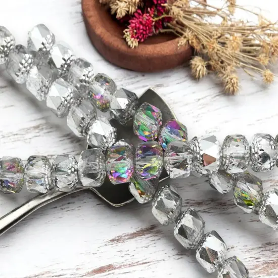 *12* 10mm Silver Washed Crystal AB Fire Polished Cathedral Beads {2}