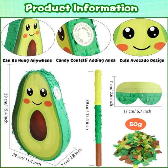 Novelty Fruit Avocado Pinata with Blindfold Bat Confetti for Baby Shower Fiesta Taco Tuesday Party Mexican Themed Party Decorations {2}