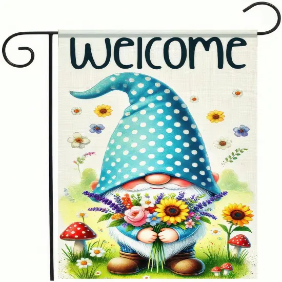 Welcome Spring Gnome Garden Flag 12x18 Inch Double Sided Floral Spring Summer Garden Flag Daisy Floral Flowers Butterfly Yard Outside Decorations Farmhouse Outdoor Small Home Decor {1}