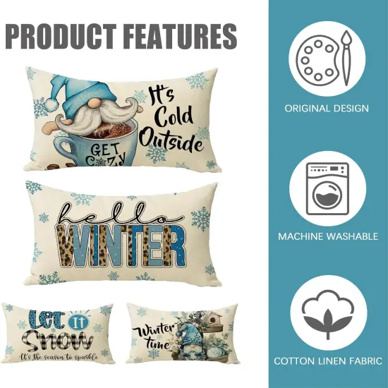 Hello Winter Blue Gnome Lumbar Decorative Rectangle Pillow Cover 12x20 Set of 4, It's Cold Outside Snowflakes Coffee Let It Snow Farmhouse Pillowcases, Christmas Buffalo Plaid Check Decors {2}