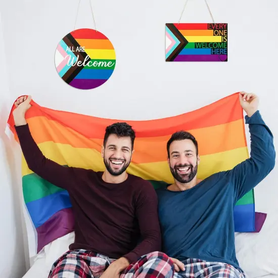 Gay Pride Progress Pride Rainbow Wreath Wooden Hanging Door Sign Decoration - 2Pcs LGBT Wood Door Sign Plaque Gay Pride Day Front Door Wall Porch Wooden Hanging Welcome Decorations Supplies {4}