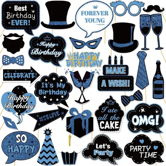 30 Pcs Blue Boys Men Birthday Photo Booth Props Kit {1}