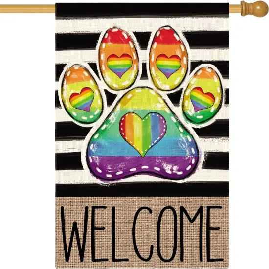 Paw Print Rainbow Pride House Flag 28x40 Inch Double Sided, LGBTQ+ Community Progress Welcome Yard Outdoor Flag Stripes {1}
