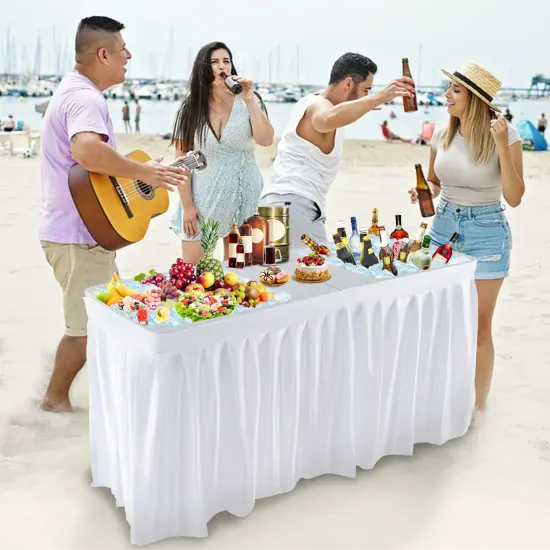 White Folding Ice Cooler Table with Double Sinks and H-Shaped Metal Frame Ideal for Picnic or Wedding {6}