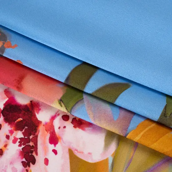 1 Yard Blue Teal Multicolor Silk Charmeuse Print Watercolor Floral Border Made in Italy Width 53" {4}