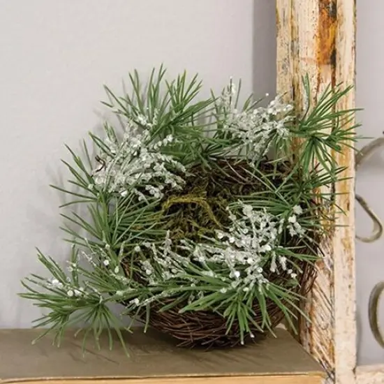Snow-Frosted Decorative Nest with Faux Pine and Twigs Perfect for Holiday or Winter Displays {2}