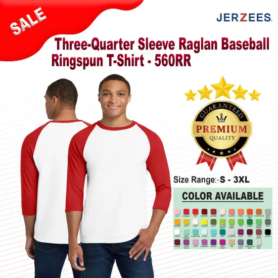 JERZEES&reg; Three-Quarter Sleeve Raglan Baseball Ringspun Crewneck T-Shirt White/ royal {2}