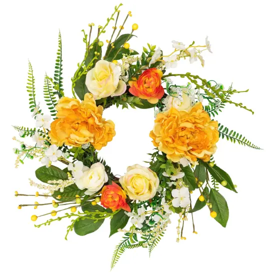 Northlight Hydrangea and Rose Artificial Floral Twig Wreath - Orange - 16" {3}
