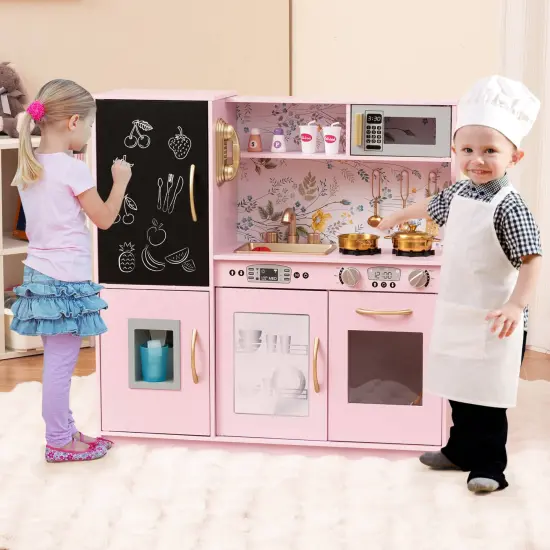 Costway Kid's Pretend Play Kitchen Toddler Kitchen Playset with Blackboard Pink/White/Light Pink/Beige {2}