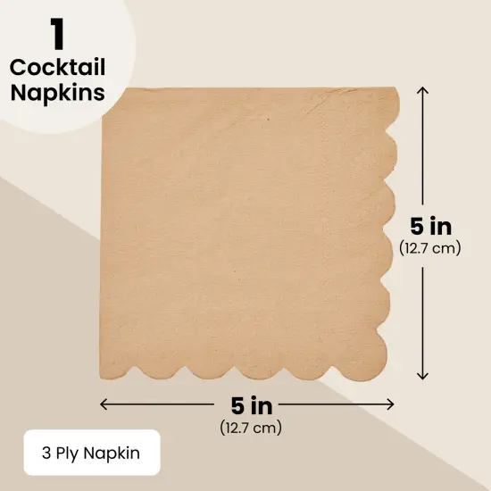 100 Pack Brown Paper Napkins with Scalloped Edges - 2-ply Disposable Cocktail Napkins for Wedding, Birthday Party (5x5 In) {5}