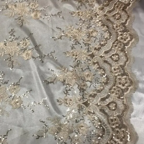 1 Yard Blush Peach Sequin Lace Fabric 100% Polyester Mesh for Bridal Gowns, Evening Wear & DIY Fashion {1}