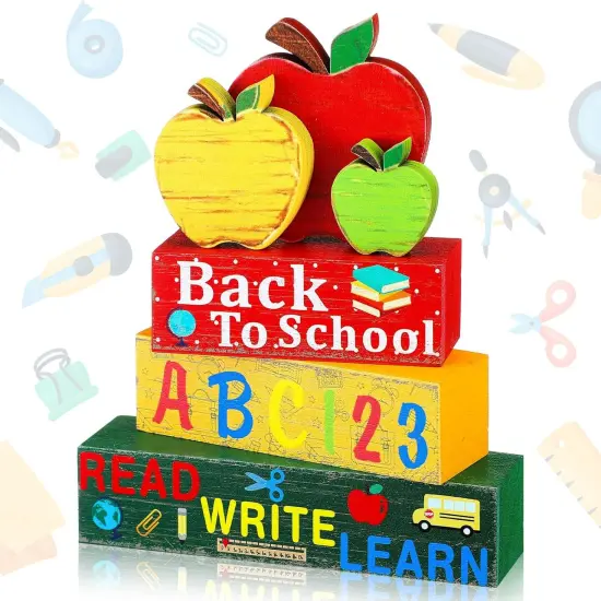 4 Pcs Back to School Wooden Decor Apple Tiered Tray {1}