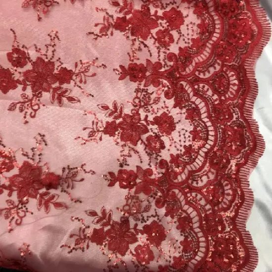 1 Yard Red Sequin Lace Fabric Embroidered Mesh Polyester Material for Dresses Gowns Costumes 51" Width {1}